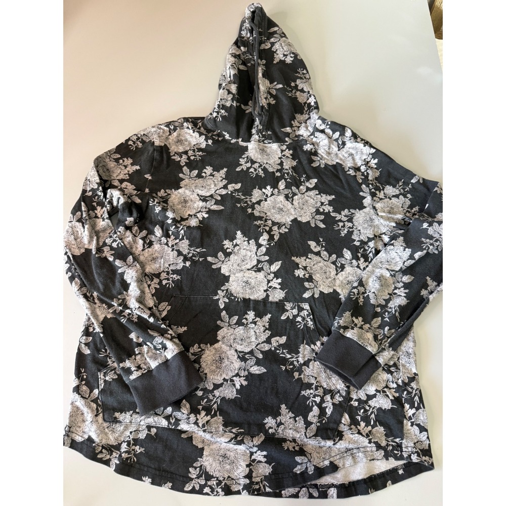 Original Use Mens Floral Hooded Tee Black White Rose Print Curved Hem Medium